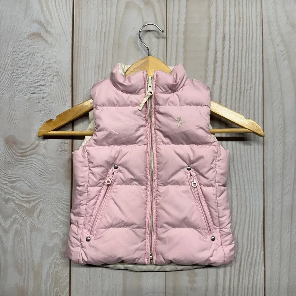 Ralph Lauren Girls Reversible Puffer Toddler 2/2T Duck Down Vest White Pink